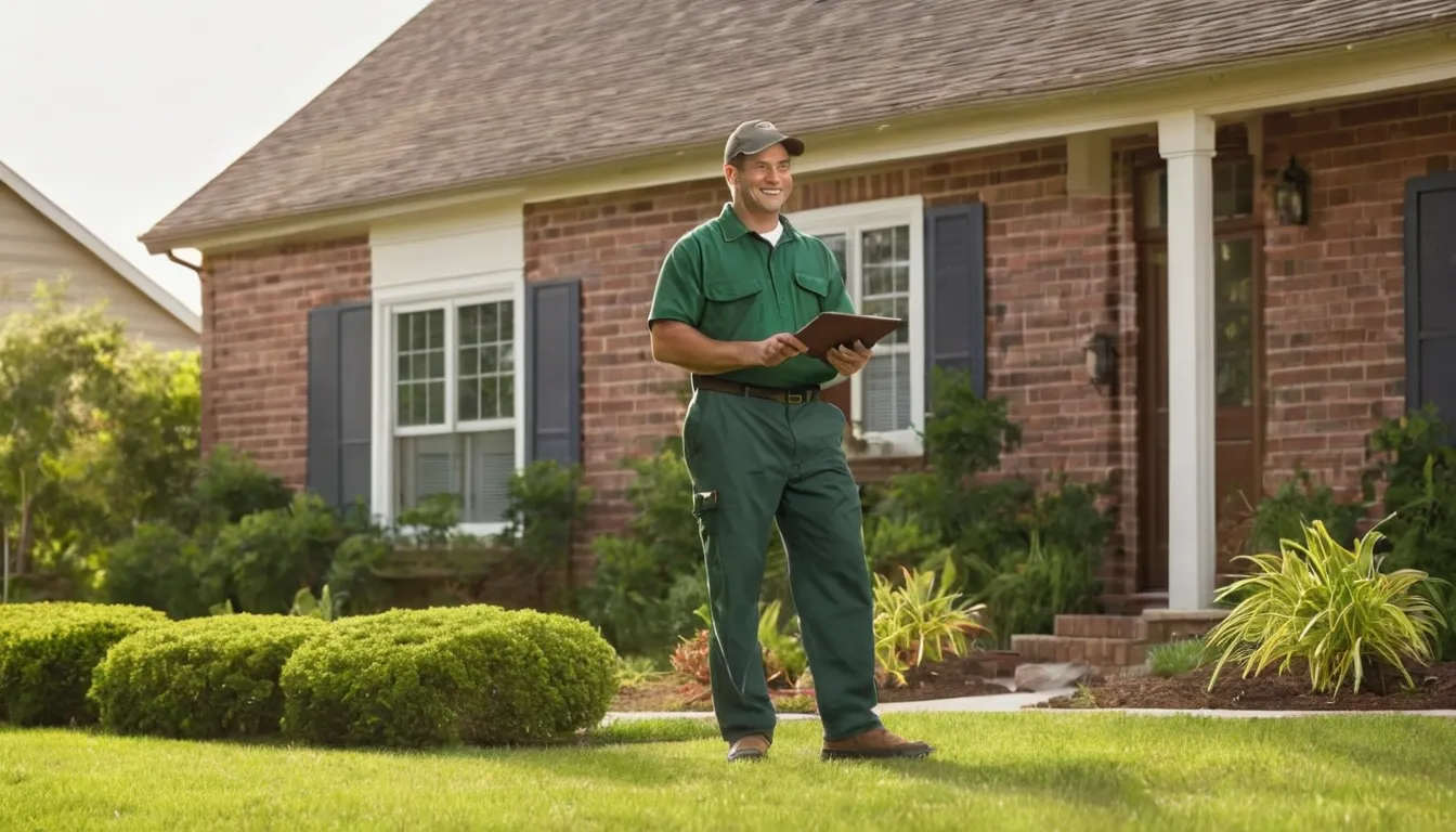 Friendly pest control provider talking with a homeowner at the front door of a brick ranch home in DISH